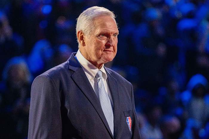 February 20, 2022; Cleveland, Ohio, USA; NBA great Jerry West is honored for being selected to the NBA 75th Anniversary Team during halftime in the 2022 NBA All-Star Game at Rocket Mortgage FieldHouse.